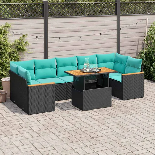 Salon de jardin 8 pcs avec coussins noir résine tressée