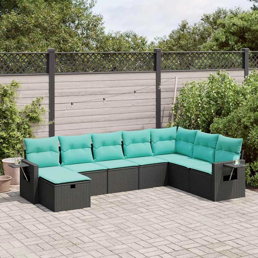 Salon de jardin 8 pcs avec coussins noir résine tressée