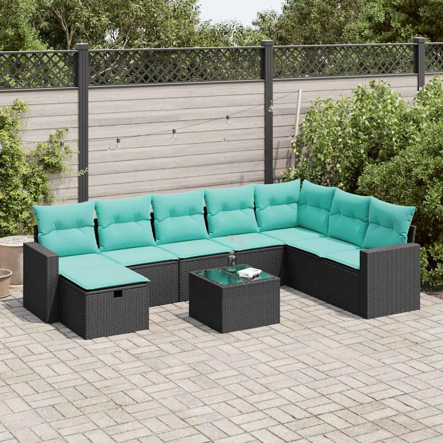 Salon de jardin 9 pcs avec coussins noir résine tressée