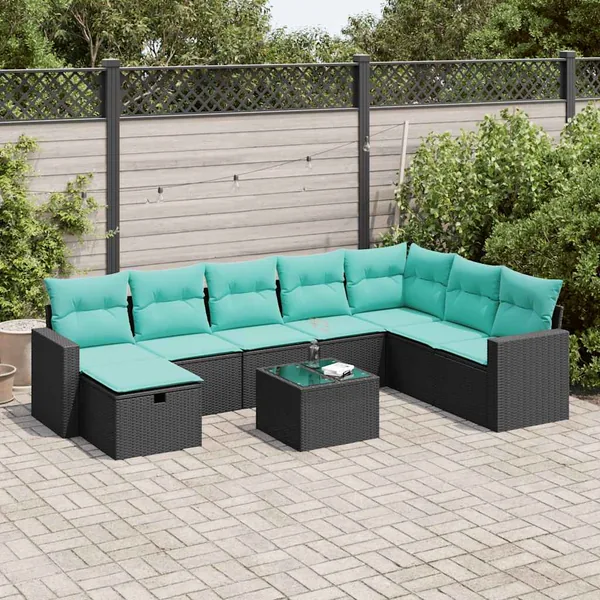 Salon de jardin 9 pcs avec coussins noir résine tressée
