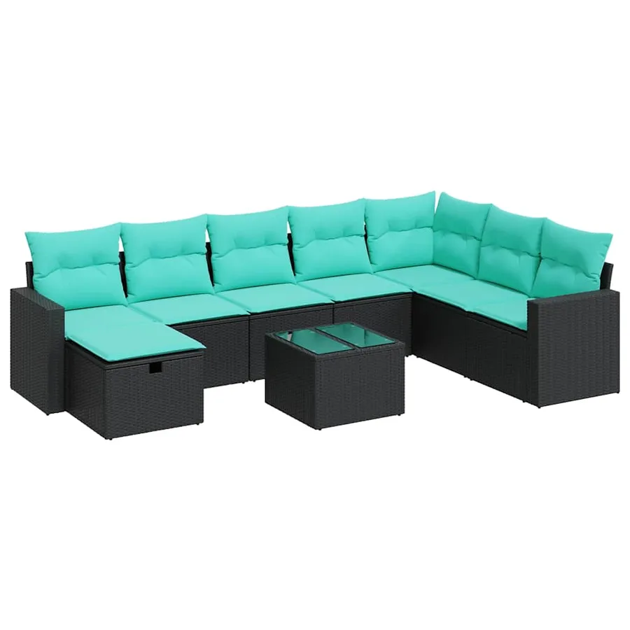 Salon de jardin 9 pcs avec coussins noir résine tressée - 2