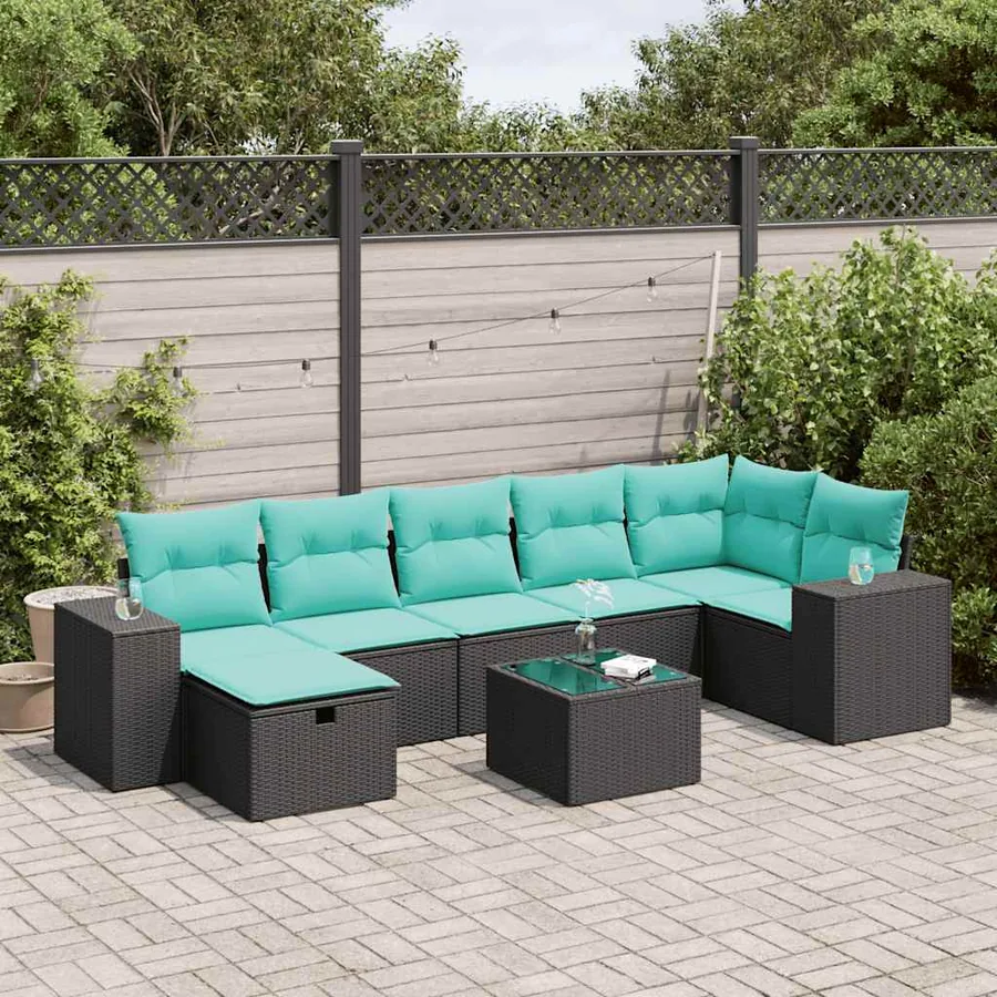 Salon de jardin 8 pcs avec coussins noir résine tressée