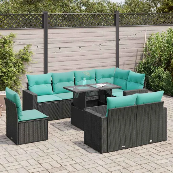 Salon de jardin avec coussins 9 pcs noir résine tressée acacia