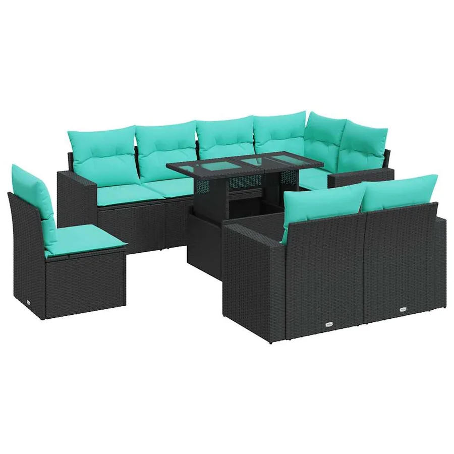 Salon de jardin avec coussins 9 pcs noir résine tressée acacia - 2