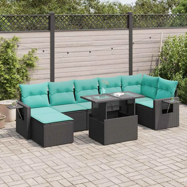 Salon de jardin avec coussins 8 pcs noir résine tressée acacia