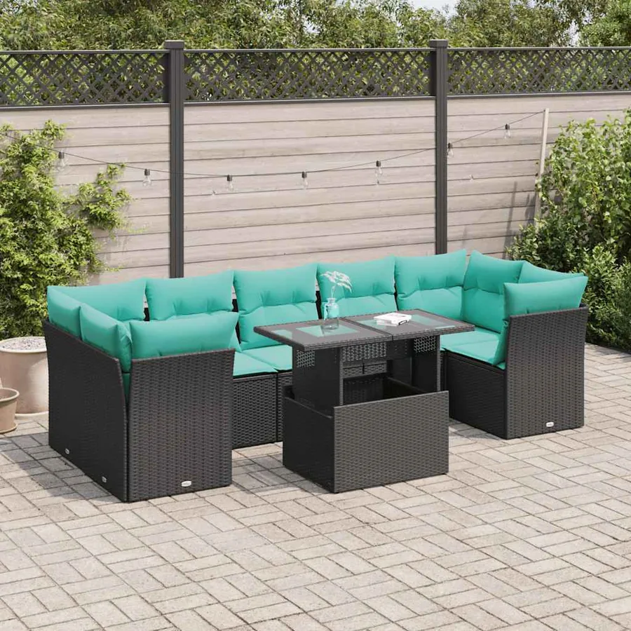 Salon de jardin avec coussins 8 pcs noir résine tressée acacia