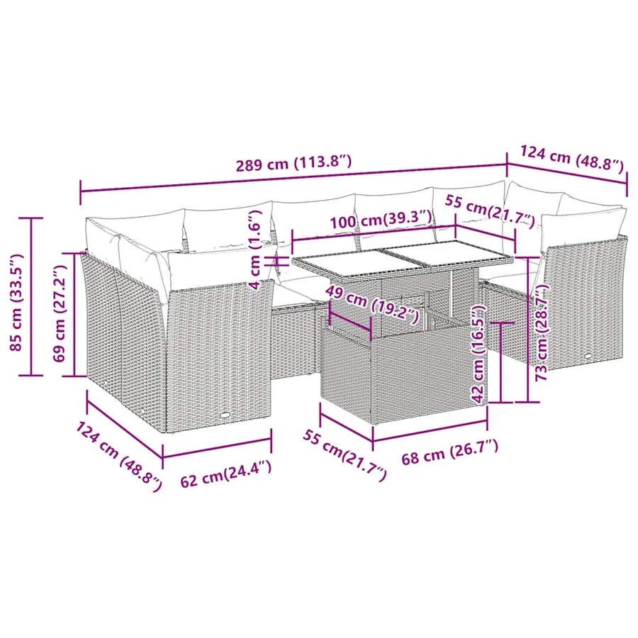 Salon de jardin avec coussins 8 pcs noir résine tressée acacia - 12
