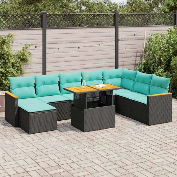 Salon de jardin 9 pcs avec coussins noir résine tressée