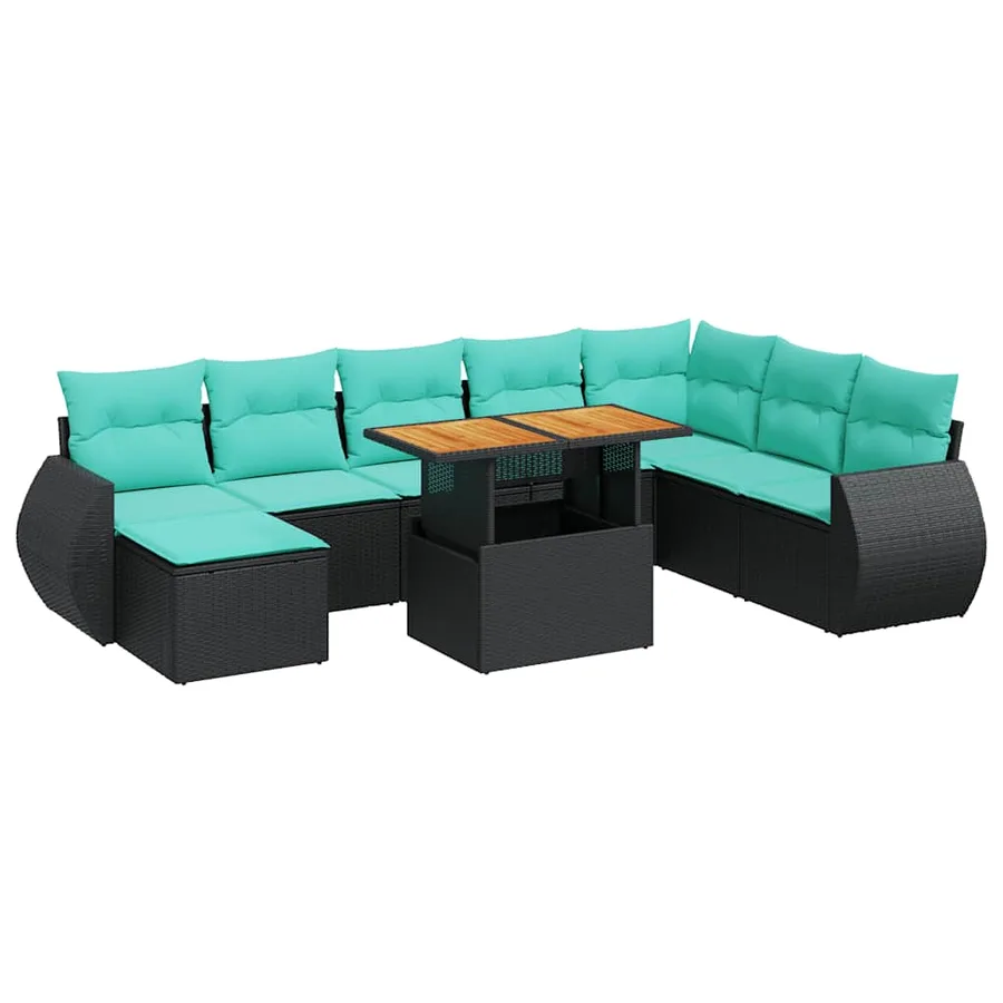 Salon de jardin 9 pcs avec coussins noir résine tressée - 2