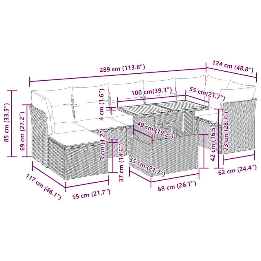 Salon de jardin avec coussins 8 pcs gris résine tressée acacia - 14