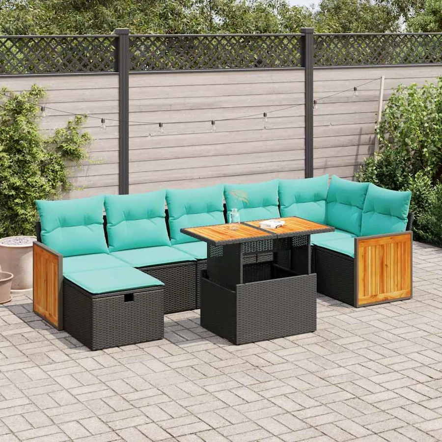 Salon de jardin avec coussins 8 pcs gris résine tressée acacia