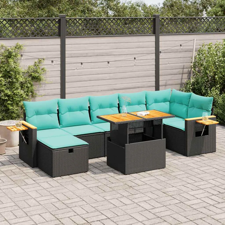Salon de jardin avec coussins 8 pcs gris résine tressée acacia