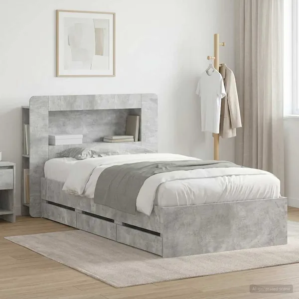 Cadre de lit avec rangement Gris béton 75 x 190 cm
