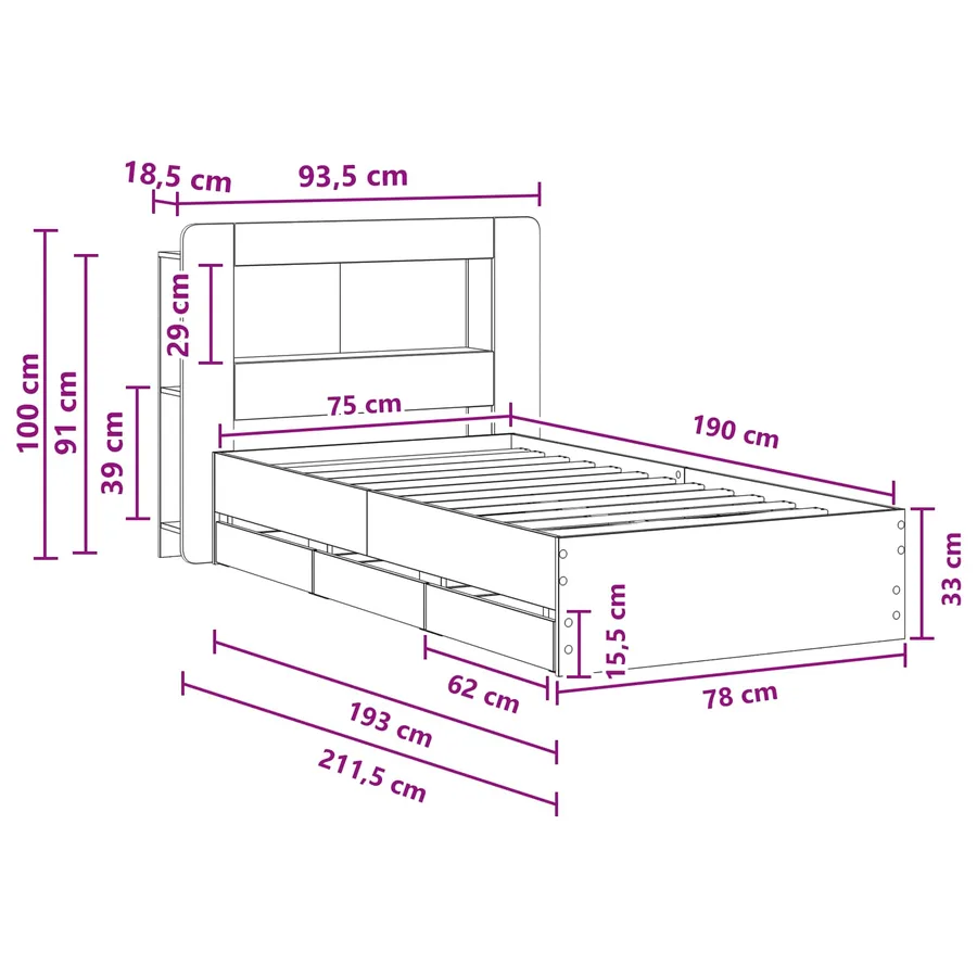 Cadre de lit avec rangement Gris béton 75 x 190 cm - 8