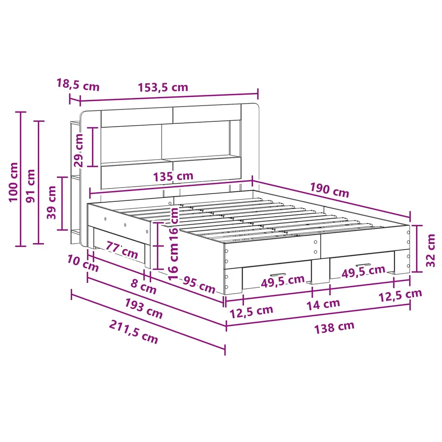 Cadre de lit avec rangement Sonoma gris 135 x 190 cm - 9