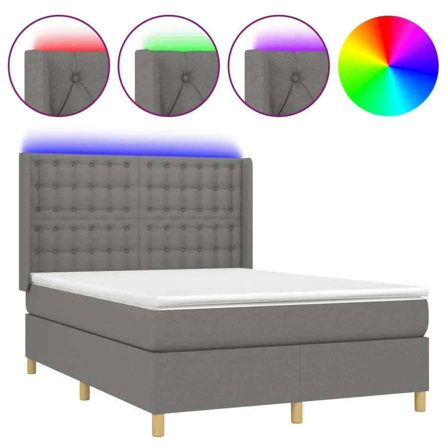 Sommier à lattes de lit matelas LED Gris foncé 140x190 cm Tissu - 2