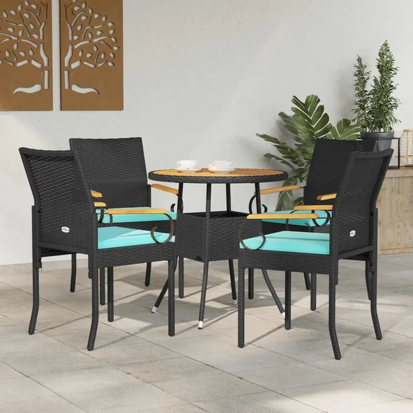 Chaises de jardin 4 pcs Noir et turquoise Poly Rattan et Acacia