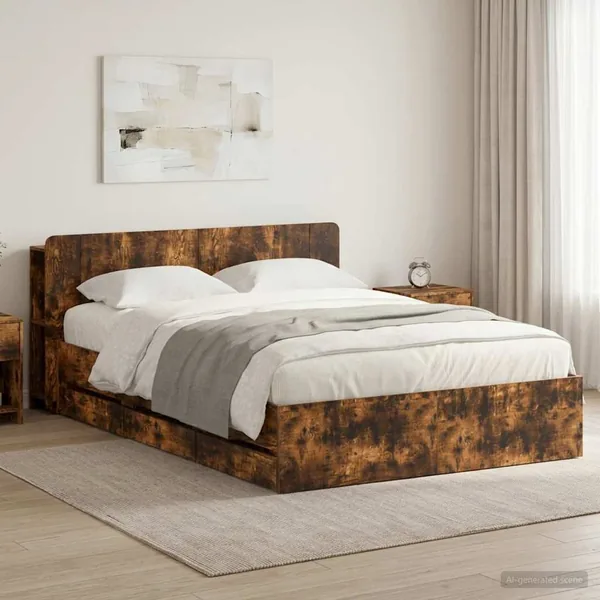 Cadre de lit avec rangement Chêne fumé 135 x 190 cm