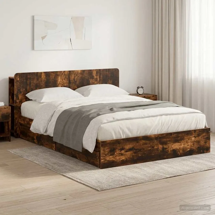Cadre de lit avec rangement avec tiroir Chêne fumé 135 x 190 cm