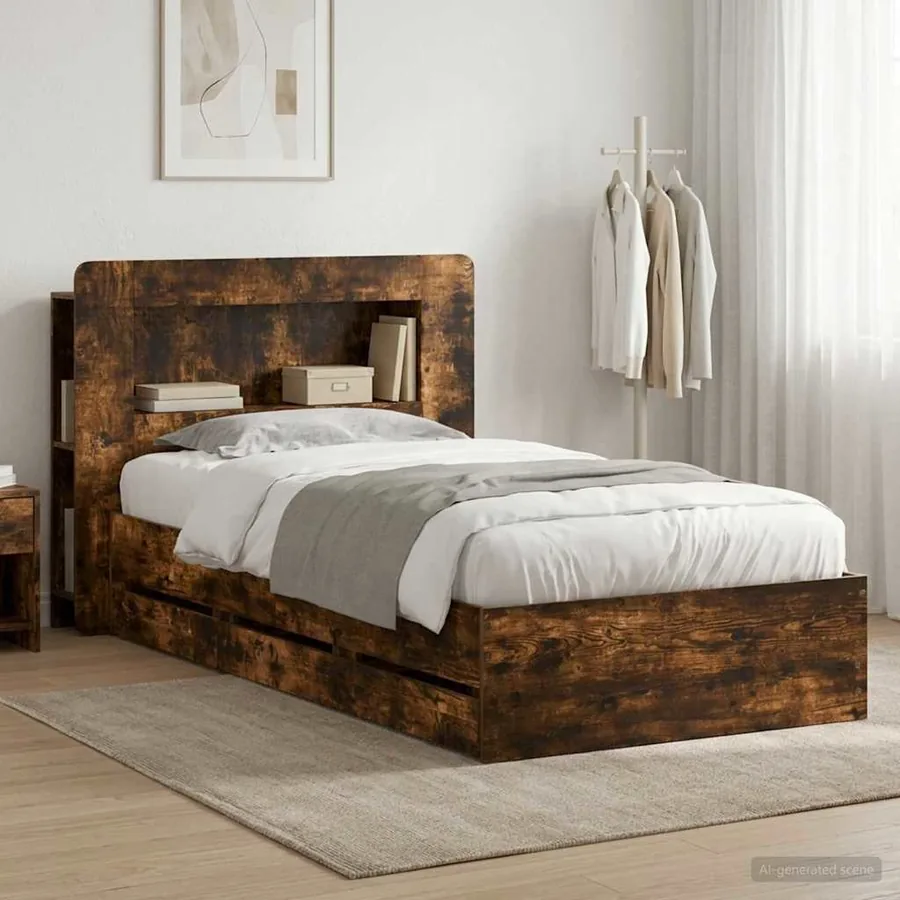 Cadre de lit avec rangement Chêne fumé 90 x 190 cm