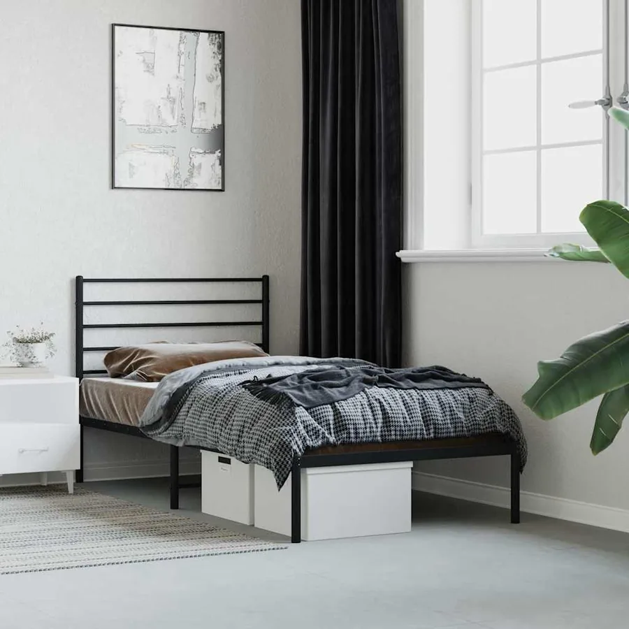 Cadre de lit métal sans matelas avec tête de lit noir 90x190 cm