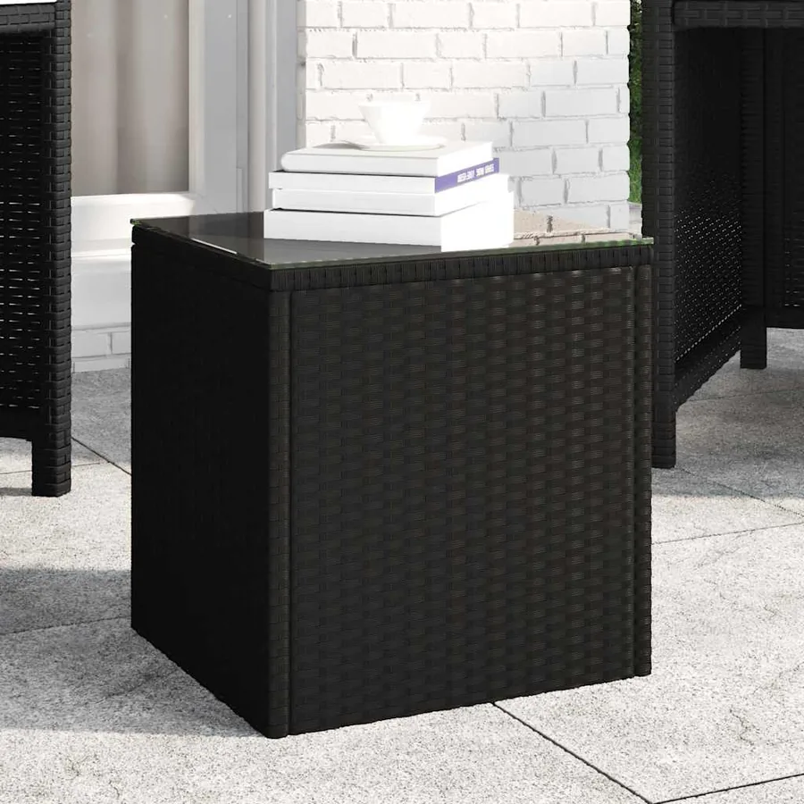 Table d'appoint noir 40x37x40,5 cm poly rotin et verre trempé