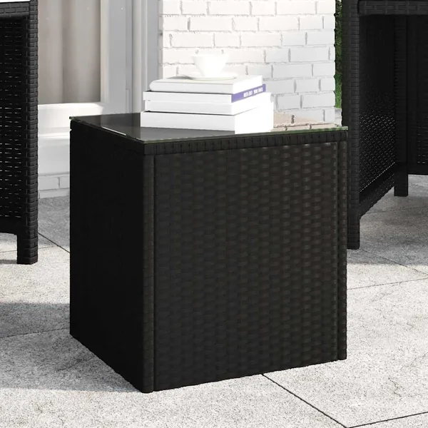 Table d'appoint noir 40x37x40,5 cm poly rotin et verre trempé