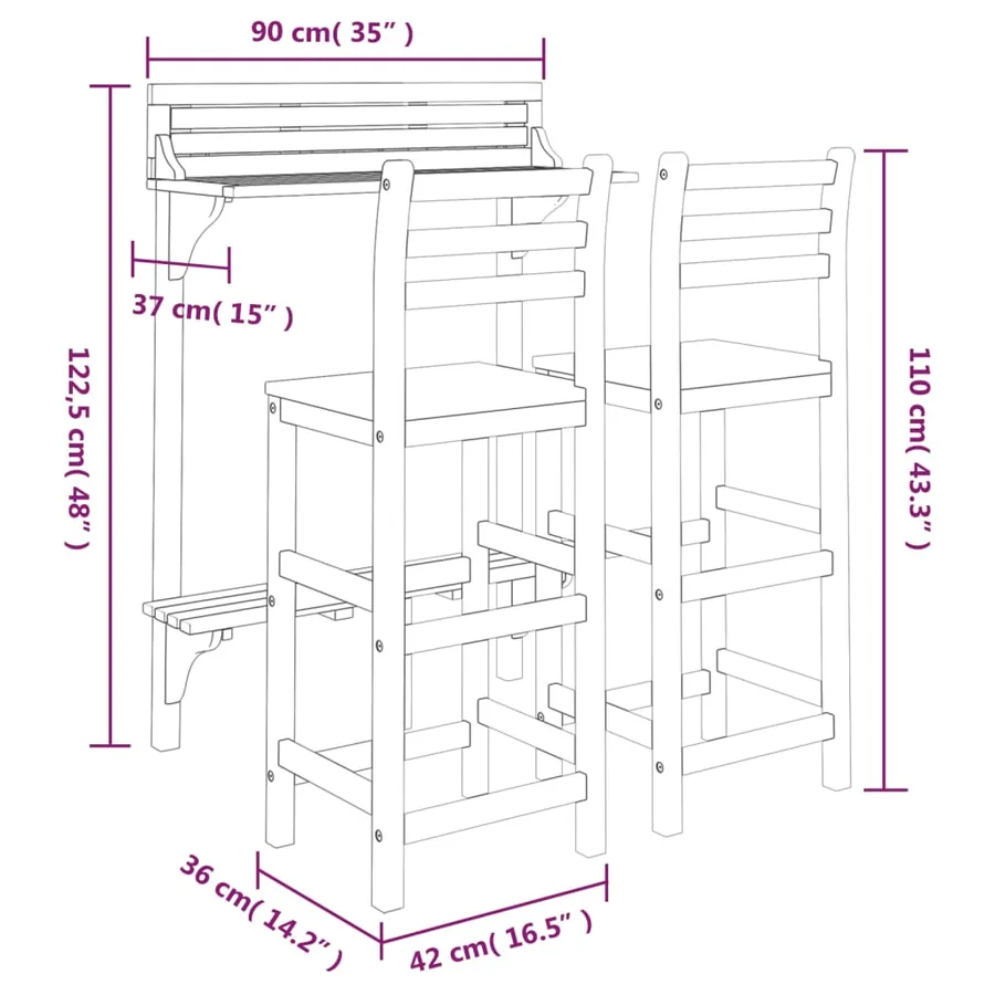 Ensemble de bar de balcon 3 pcs Bois d'acacia massif - 8