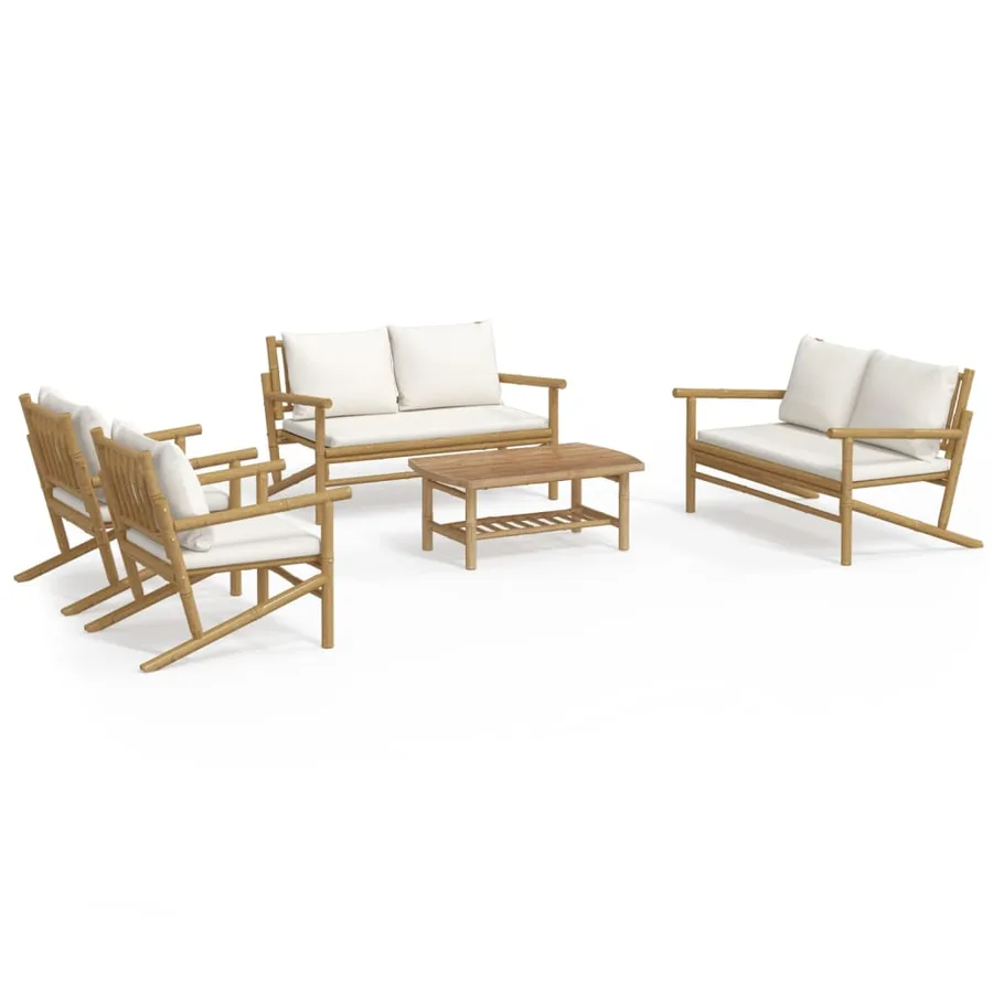 Salon de jardin 5 pcs avec coussins blanc crème bambou - 2