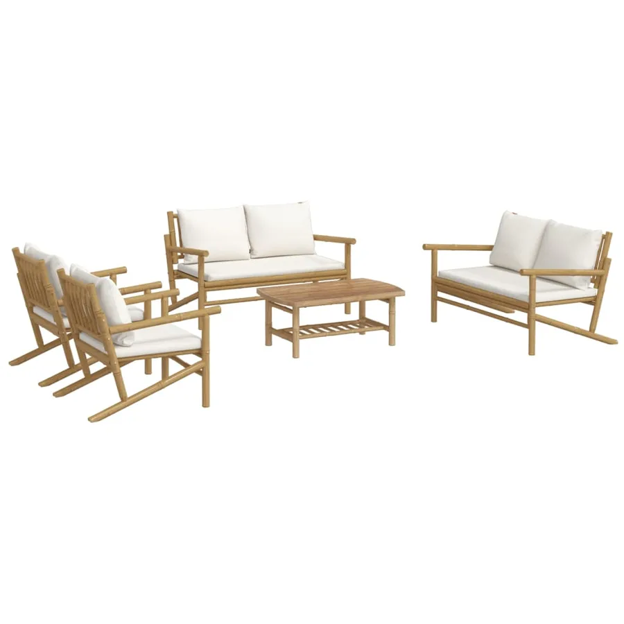 Salon de jardin 5 pcs avec coussins blanc crème bambou - 3