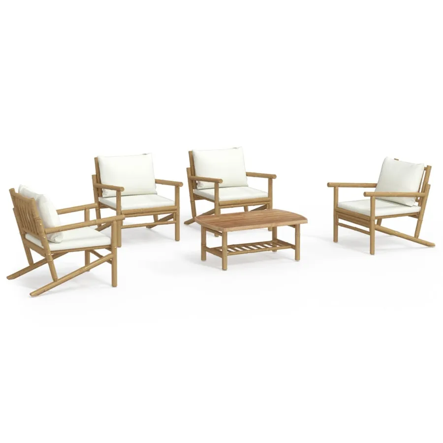 Salon de jardin 5 pcs avec coussins blanc crème bambou - 2