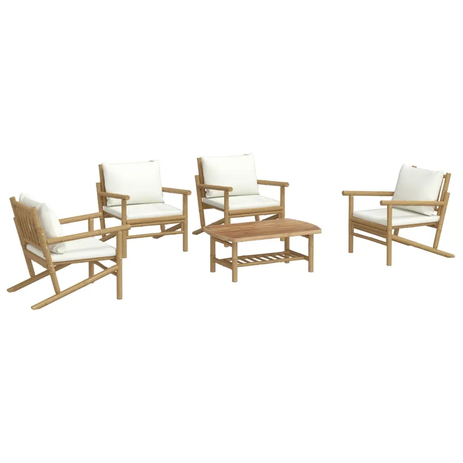 Salon de jardin 5 pcs avec coussins blanc crème bambou - 3