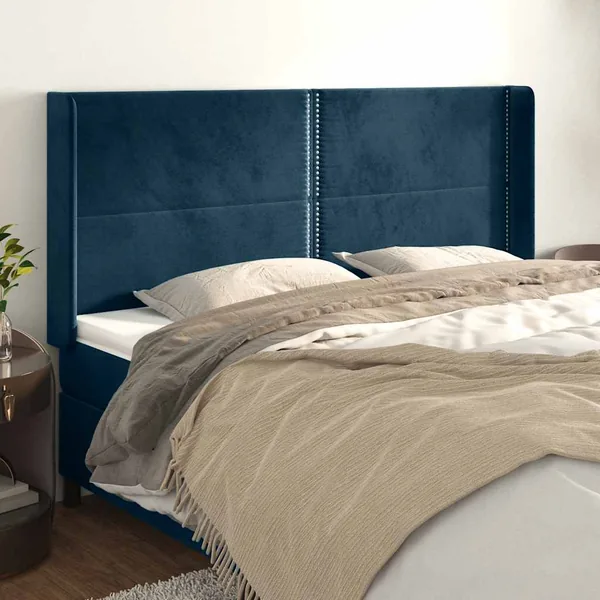 Tête de lit avec oreilles Bleu foncé 203x16x118/128 cm Velours