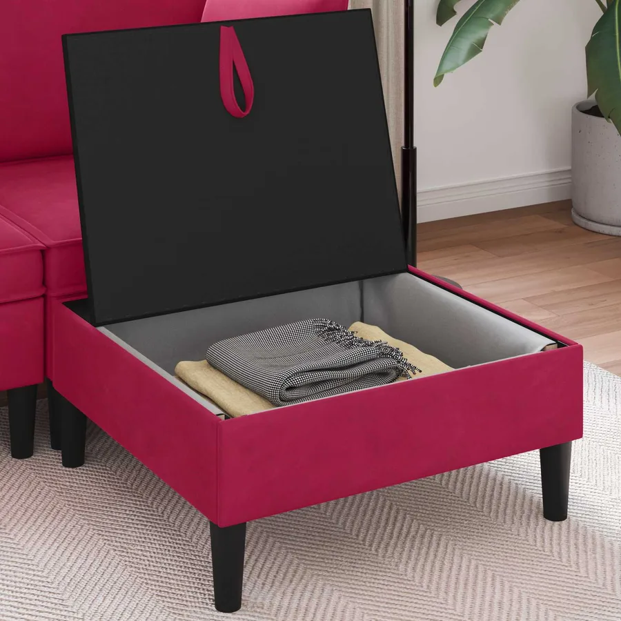 Pouf avec Rangement Bordeaux Velours - 3