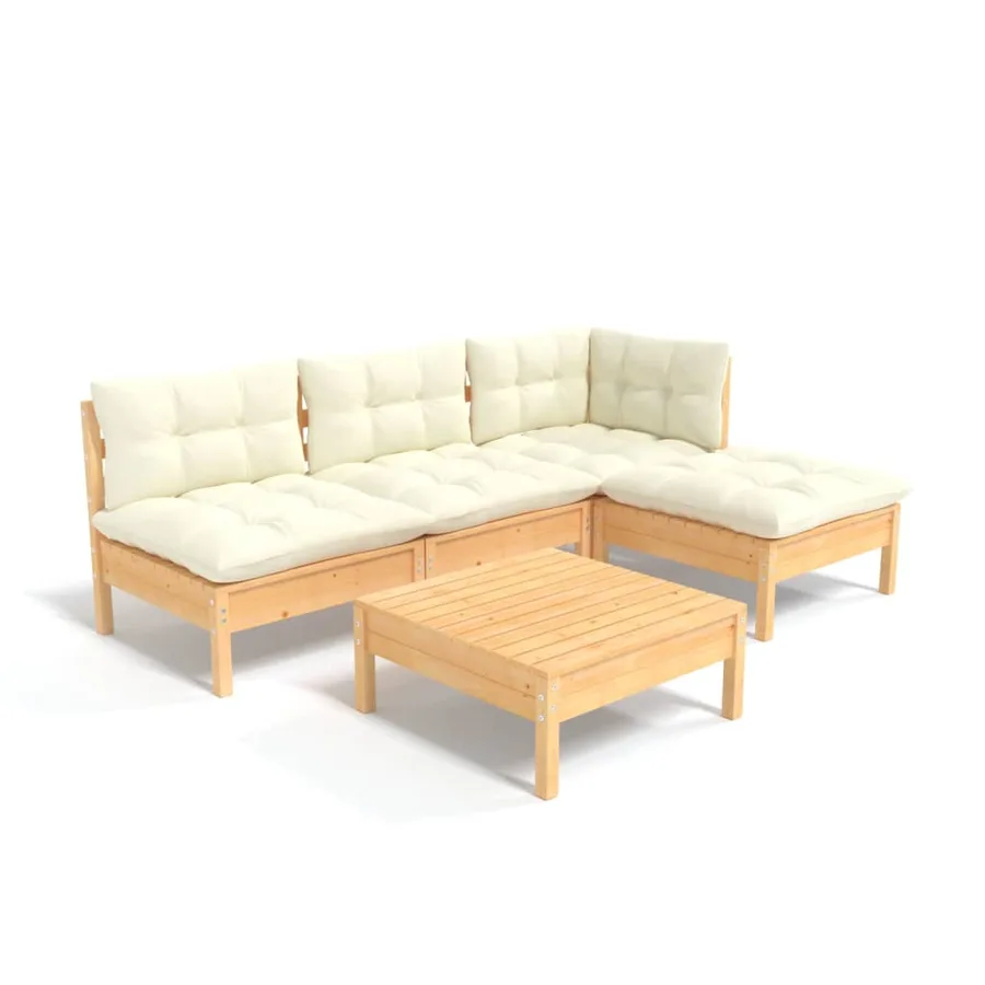 Salon de jardin 5 pcs avec coussins crème bois de pin - 2