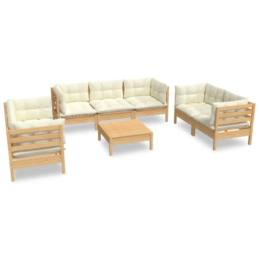 Salon de jardin 8 pcs avec coussins crème Bois de pin massif - 2