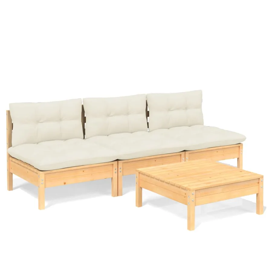 Salon de jardin 4 pcs avec coussins crème Bois de pin - 2