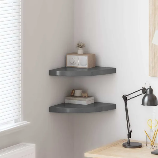Étagères d'angle flottantes 2pcs gris brillant 35x35x3,8 cm MDF
