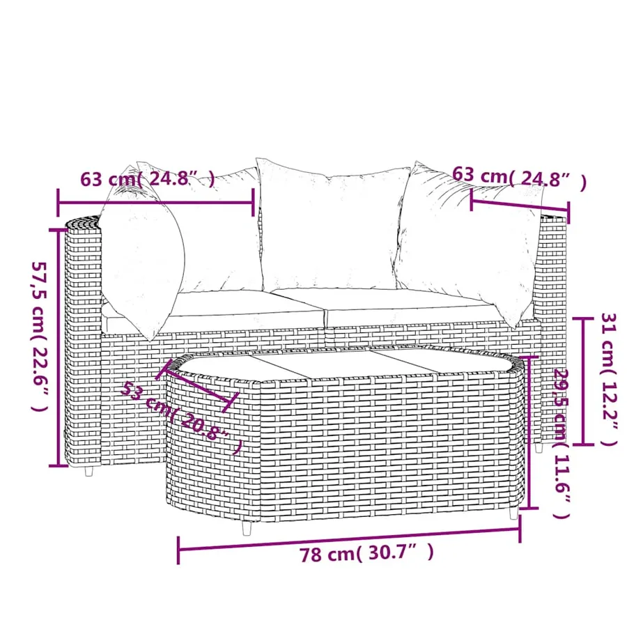 Salon de jardin 3 pcs avec coussins Noir Résine tressée - 11