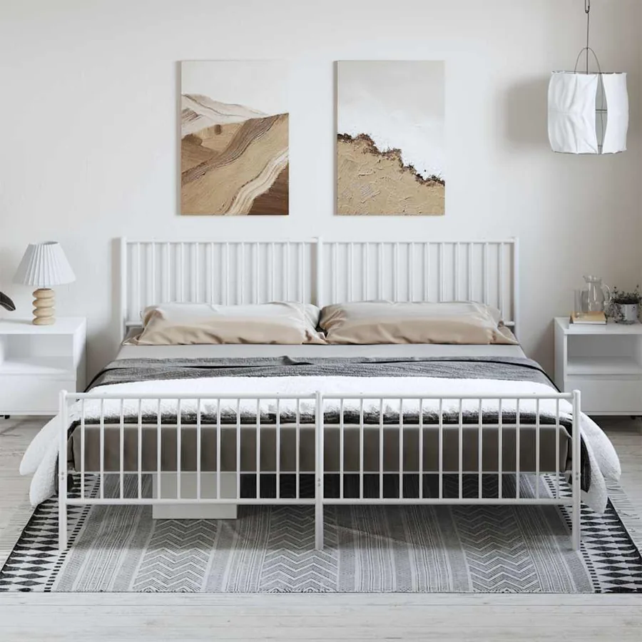 Cadre de lit métal sans matelas et pied de lit blanc 193x203 cm