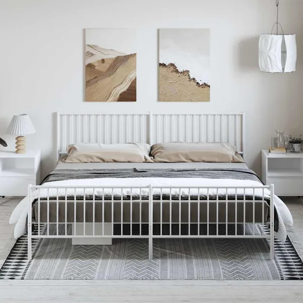 Cadre de lit métal sans matelas et pied de lit blanc 193x203 cm