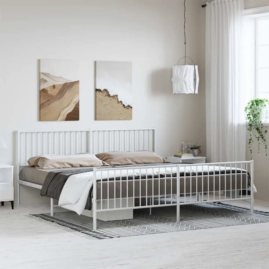 Cadre de lit métal sans matelas et pied de lit blanc 193x203 cm - 3
