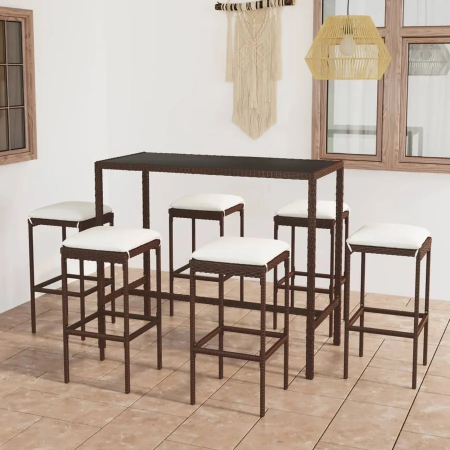 Ensemble de bar de jardin 7 pcs coussins Résine tressée Marron