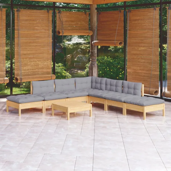 Salon de jardin 8 pcs avec coussins gris Bois de pin