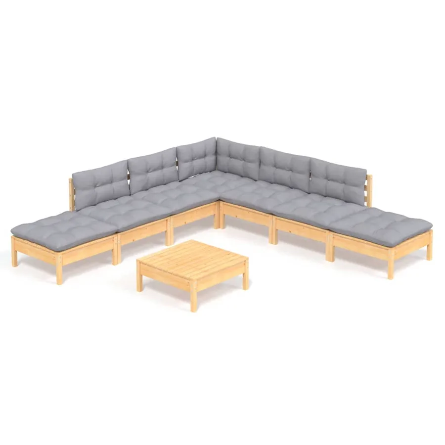 Salon de jardin 8 pcs avec coussins gris Bois de pin - 2