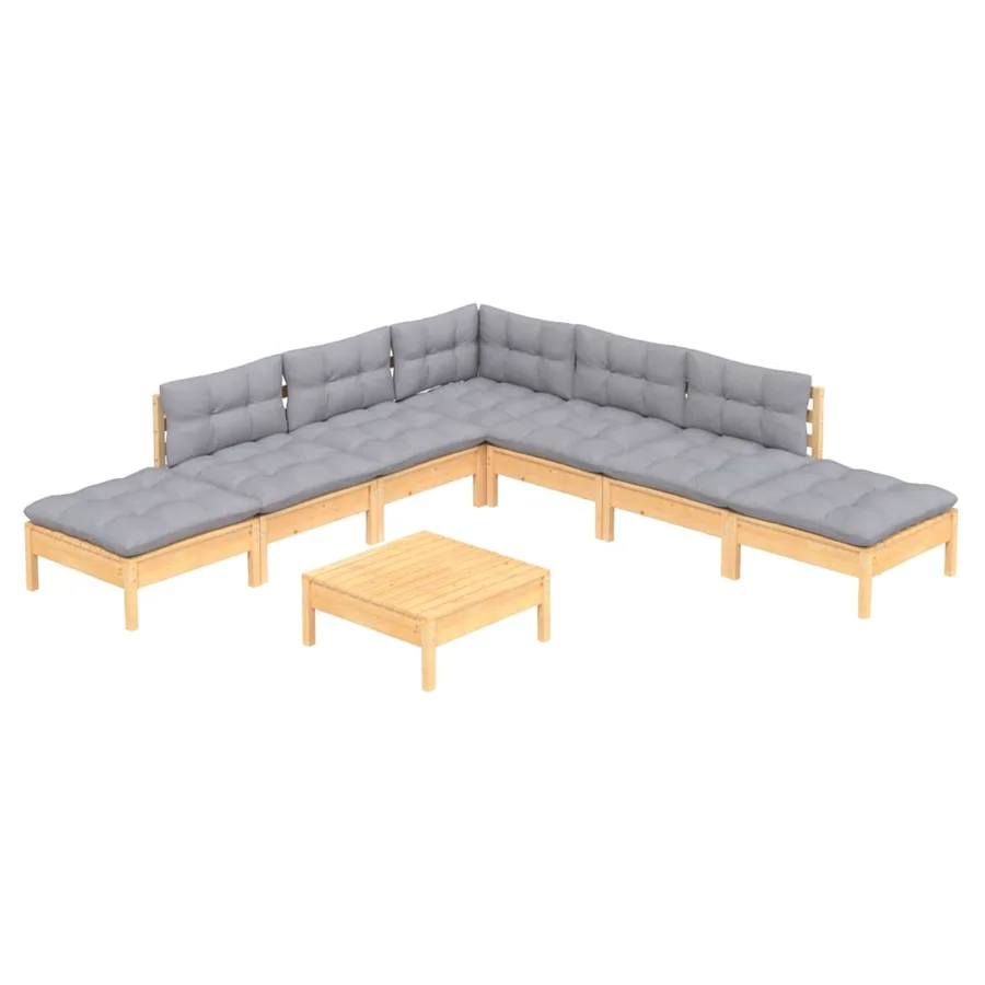 Salon de jardin 8 pcs avec coussins gris Bois de pin - 3