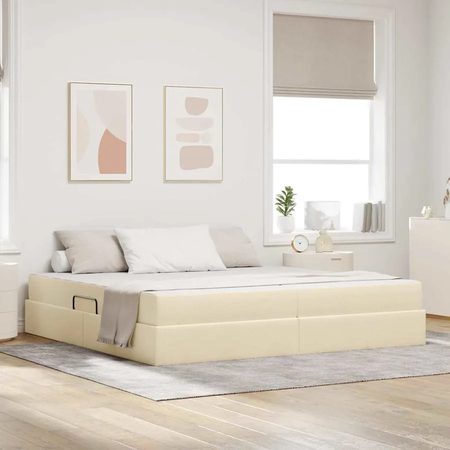 Lit avec rangement et matelas Crème 200 x 200 cm Polyester