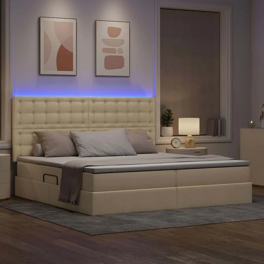 Lit de rangement LED avec matelas Crème 200 x 200 cm Tissu - 5
