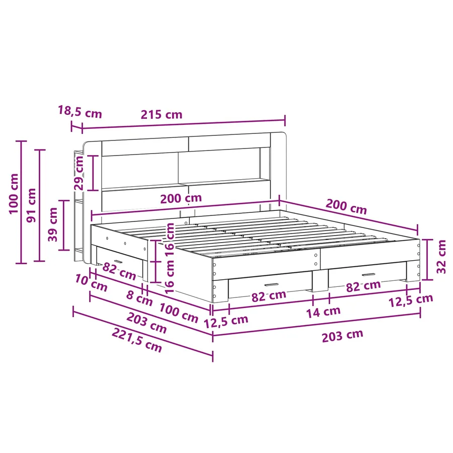 Cadre de lit avec rangement Chêne Sonoma 200 x 200 cm - 9