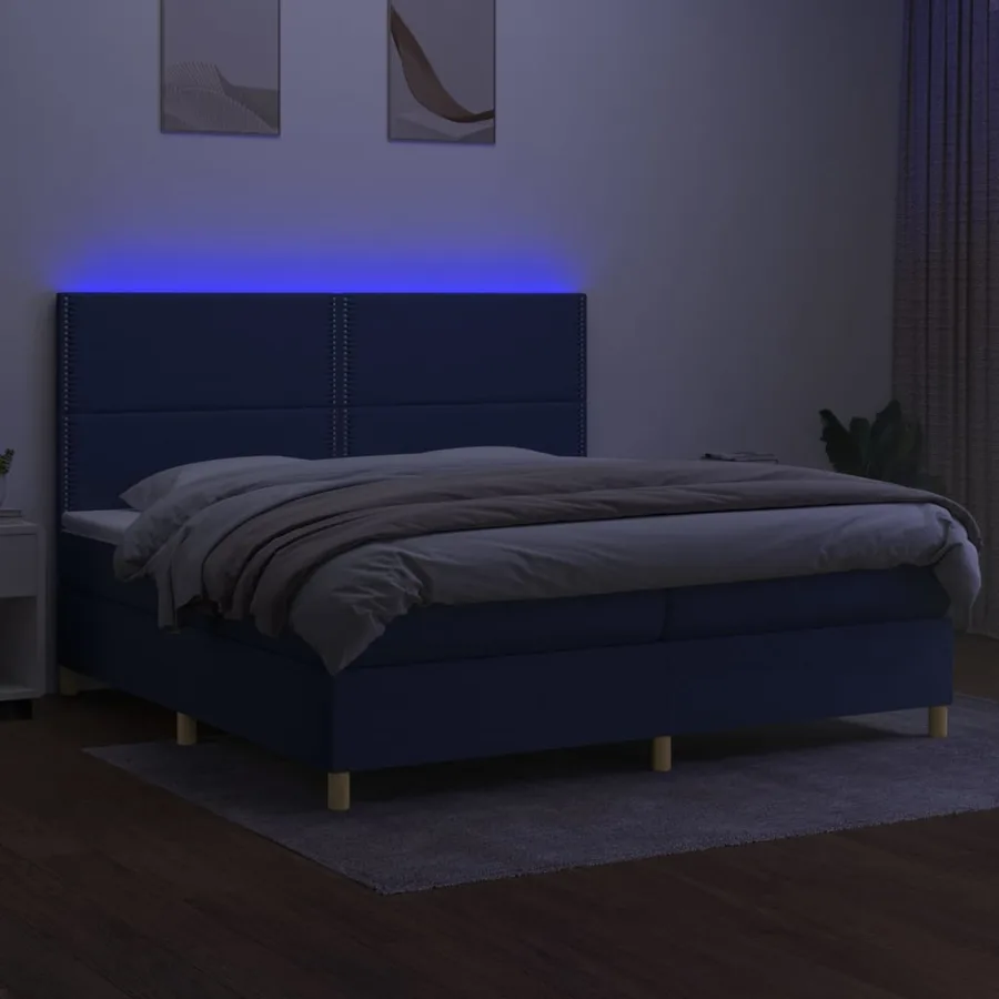 Sommier à lattes de lit et matelas et LED Bleu 200x200 cm Tissu - 4